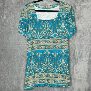 Taohuadao 3X Shirt Top Blue Brown Paisley Short Sleeve Square Neck Stretch Knit